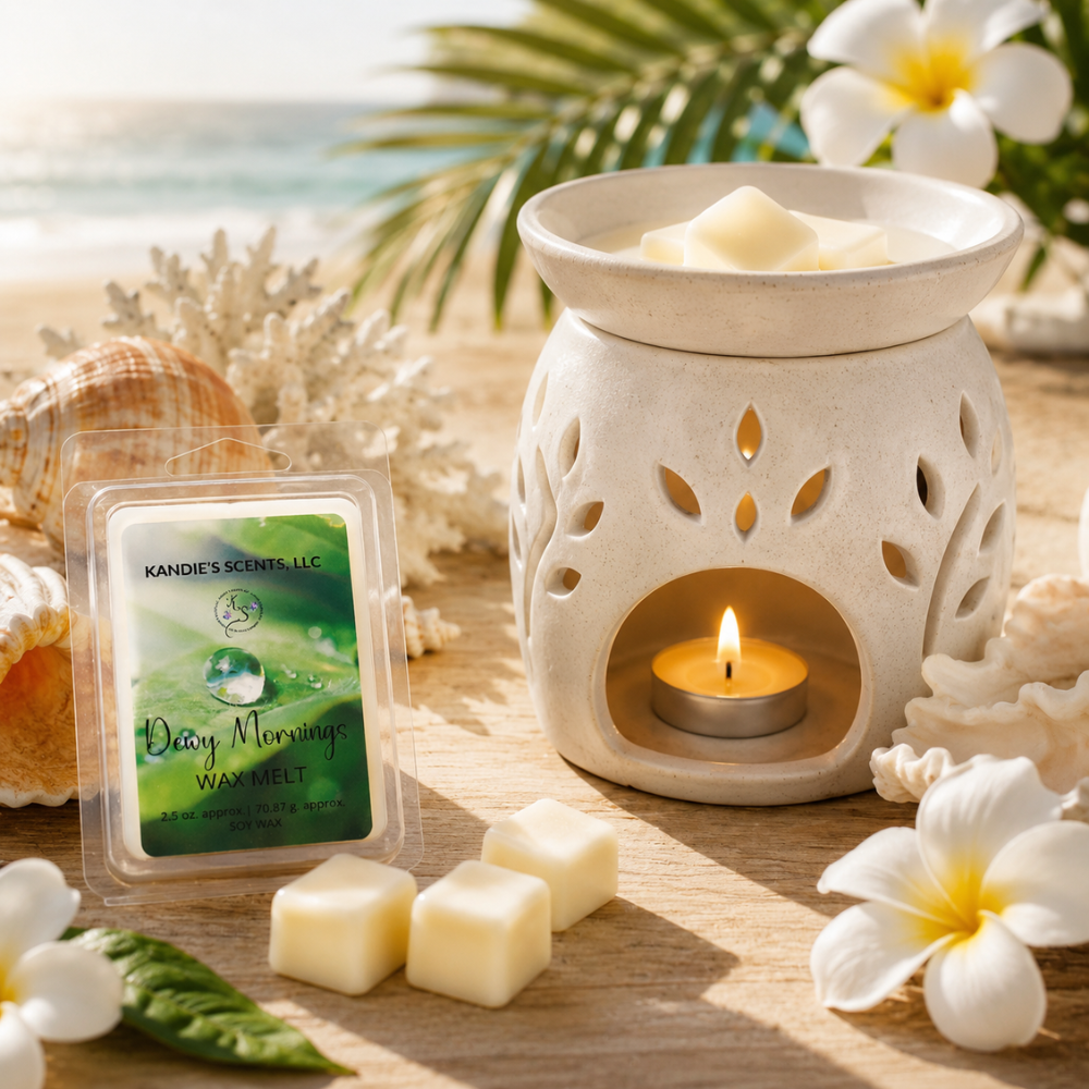 Aromatherapy wax melt burner with wax melts and a 'Dewy Mornings' scented wax melt packaging on a beach-themed surface.