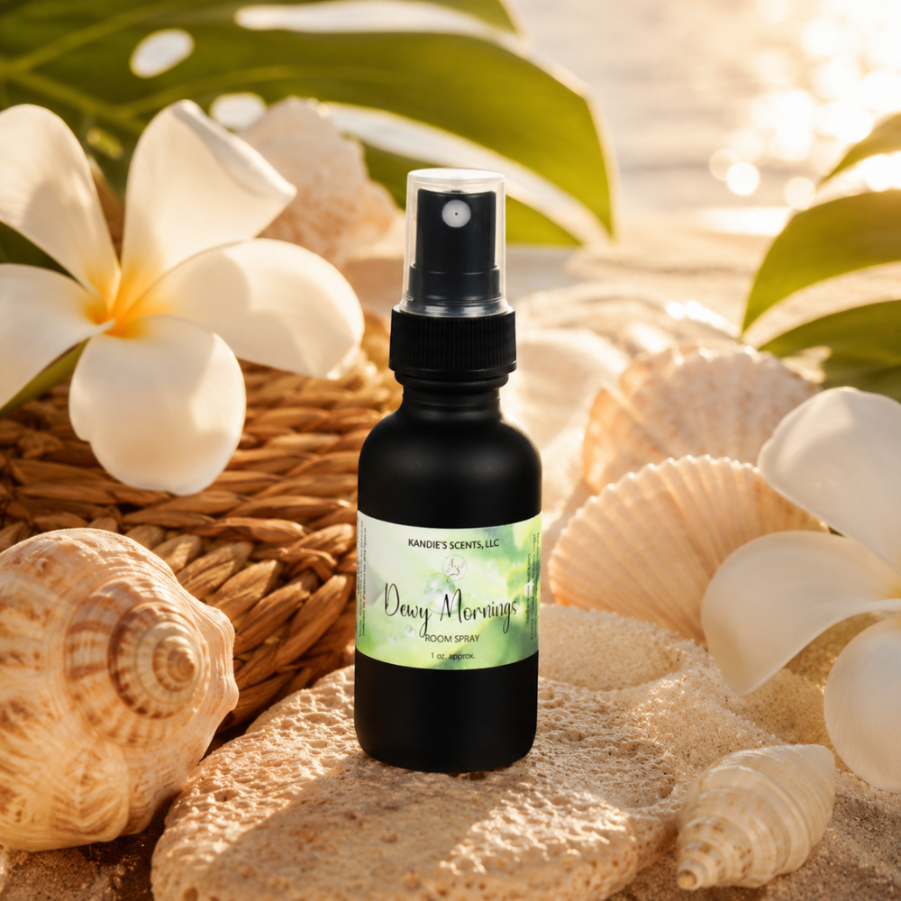 Room spray bottle with a label on a sandy surface with seashells and flowers