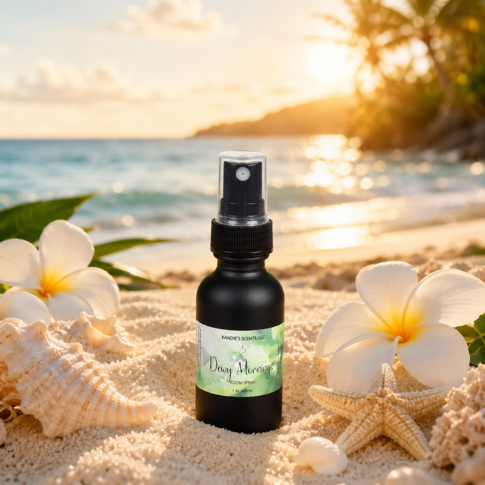 Black spray bottle with a label on a sandy beach with flowers and shells.