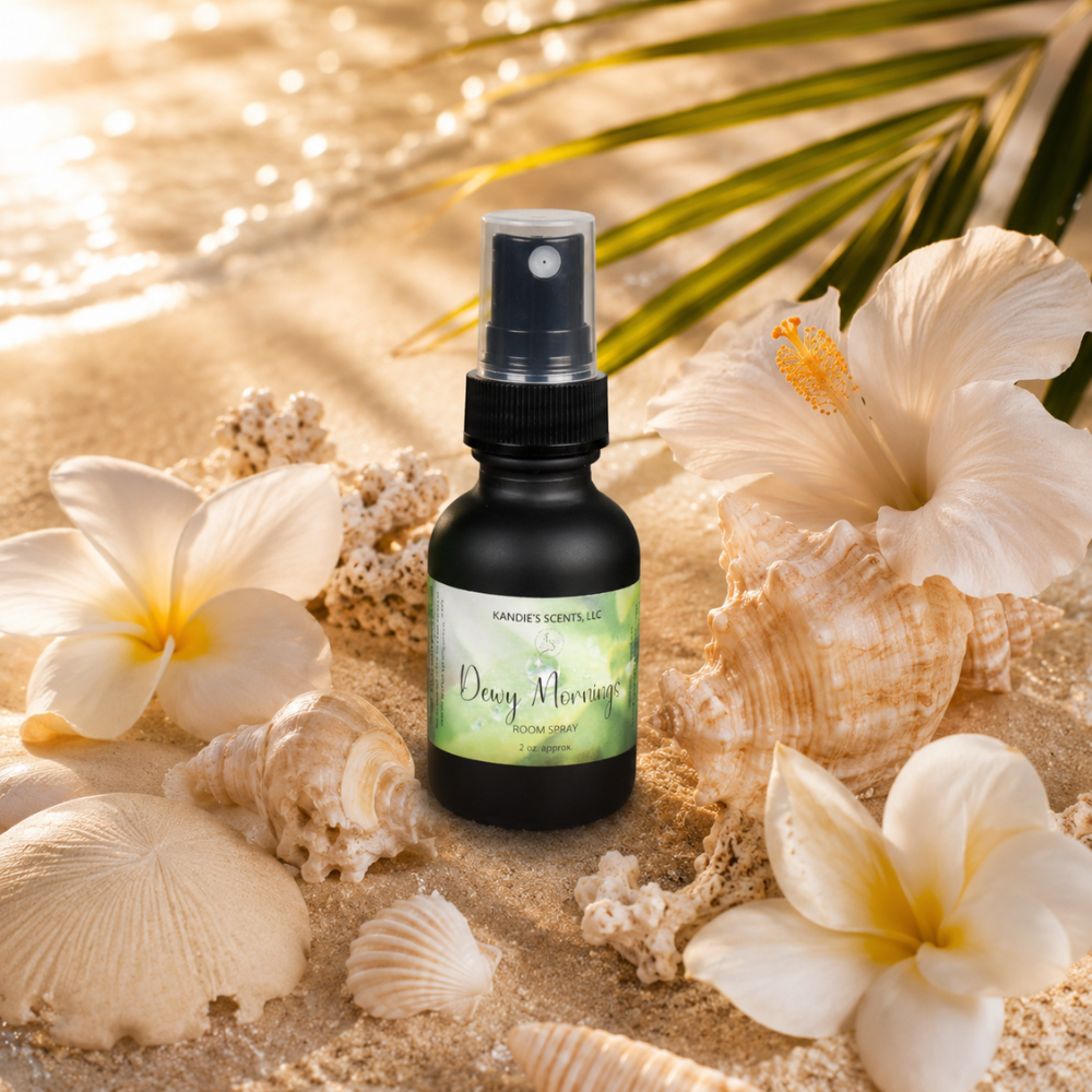Black spray bottle labeled 'Dewy Morning' surrounded by seashells and flowers on sand
