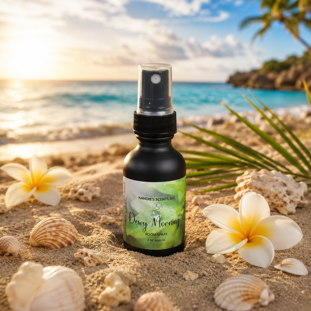 Bottle of 'Dewy Morning' by Kander's Scents on a sandy beach with flowers and shells.
