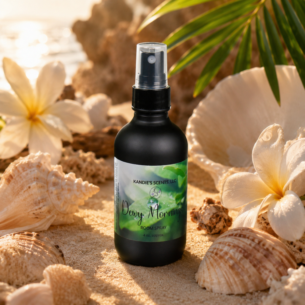 Spray bottle labeled 'Dewy Mornings' on a sandy background with flowers and shells.