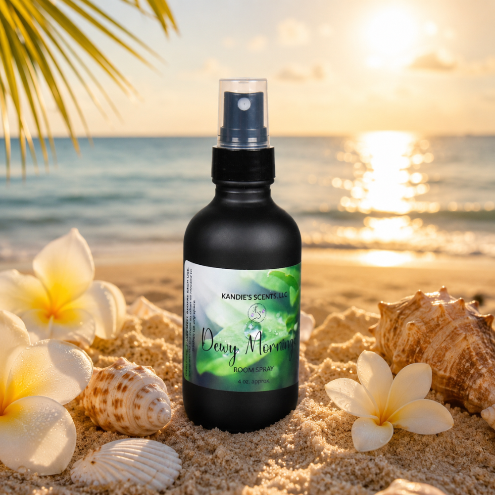 Bottle of 'Dewy Mornings' spray on a beach with flowers and shells