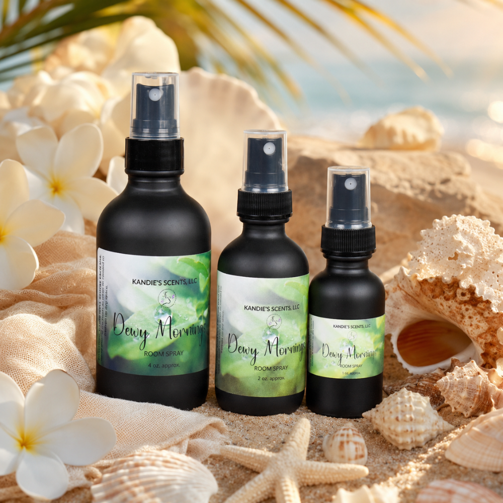 Three black bottles of 'Dewy Mornings' room spray with green labels on a beach-themed background.