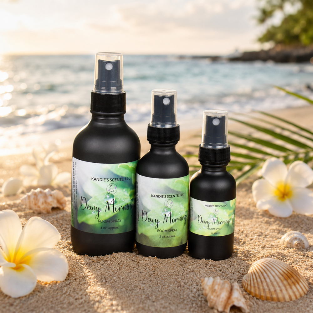 Three bottles of Dewy Morning room spray on a sandy beach with ocean and flowers in the background.