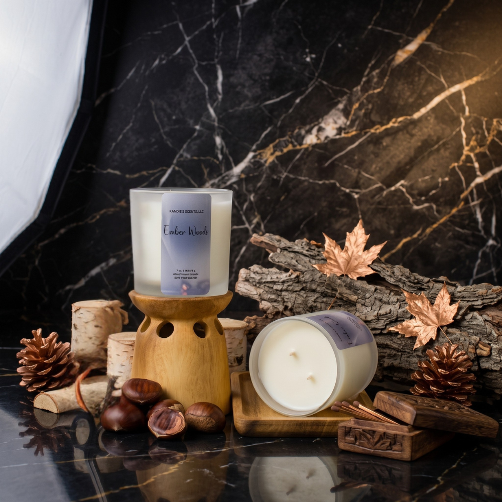 Two soy candles from Kandie's Scents one in a glass jar on a wooden warmer and one open on a small wooden tray, styled with pinecones, hazelnuts, birch bark, and copper-colored autumn leaves on a black marble surface against a dark marble background.