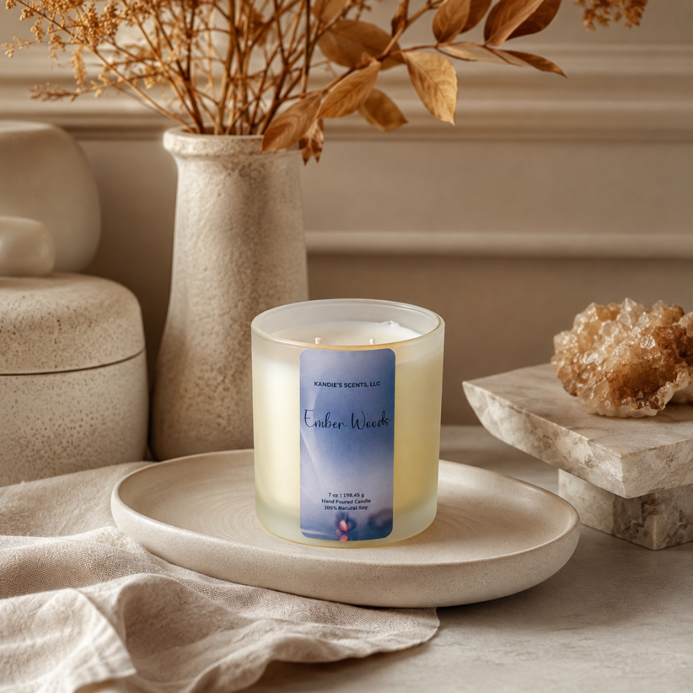 A glass jar candle with a frosted white top and a blue front label reading 'Ember Woods' and 'Kandie's Scents' sits on a round beige tray. The scene is styled with dried flowers in a vase, linen fabric, and a crystal cluster against a warm neutral wall.