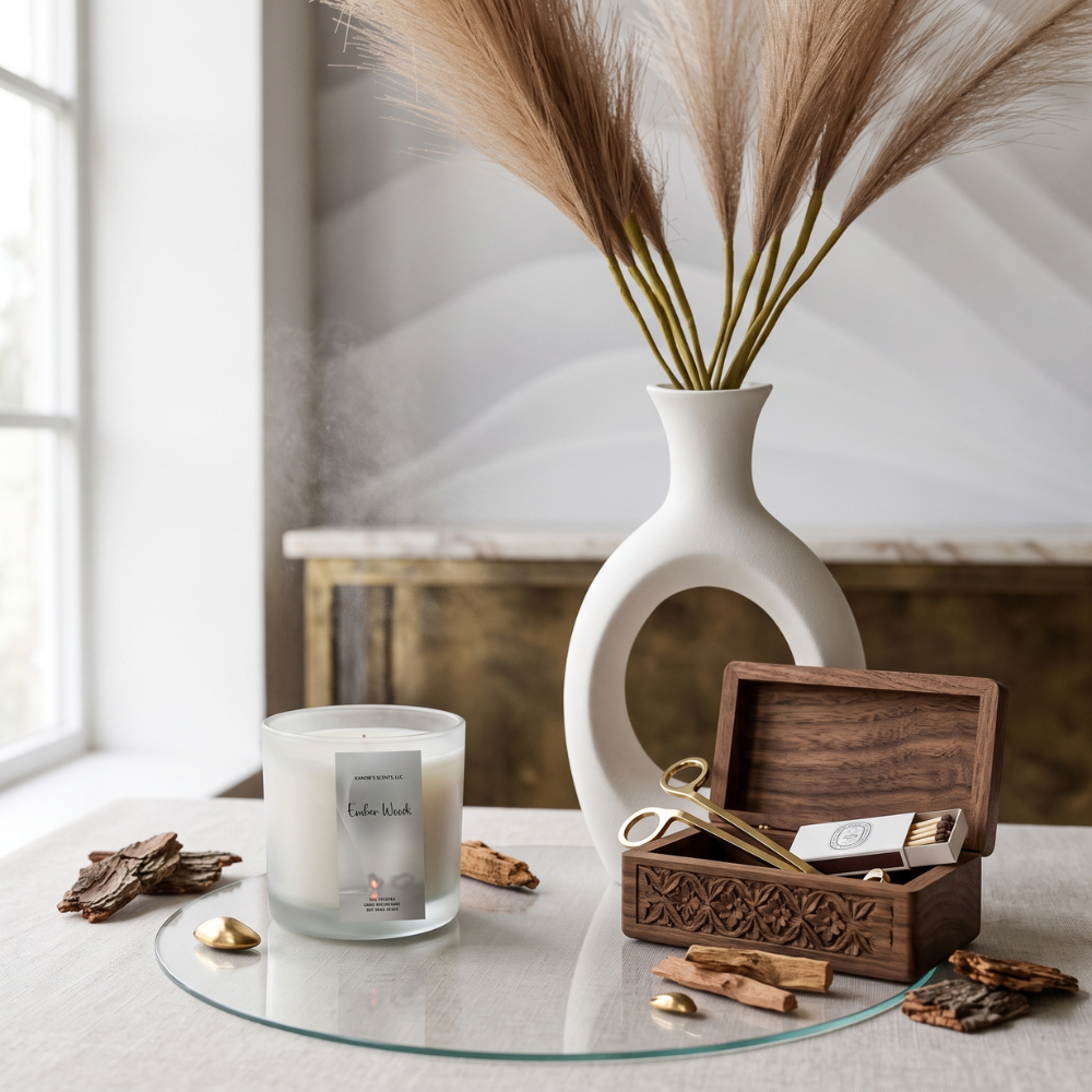 A styled interior scene with a white ceramic vase holding dried pampas grass, a lit candle in a glass jar on a glass tray, and a carved wooden box containing gold scissors and small accessories. The setting includes a window, wall, and decorative dried botanicals, making this a Lifestyle image rather than a clean Product/Packaging shot.