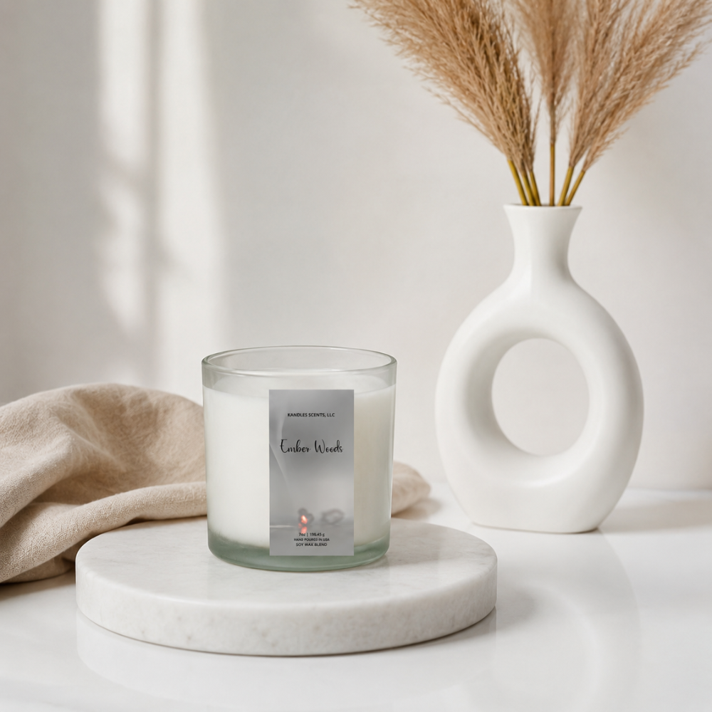 A glass jar candle with a cream-colored wax and a minimalist label reading 'Ember Woods' sits on a round white marble pedestal. The scene is styled with a beige linen cloth and a white ceramic vase holding dried pampas grass, set against a softly lit, neutral background.