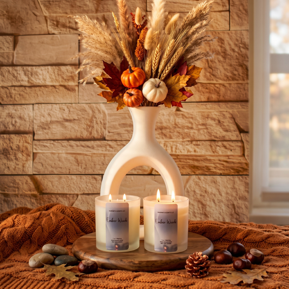 Two lit candles labeled 'Ember Woods' sit on a wooden tray in front of a decorative ceramic vase filled with dried wheat, autumn leaves, and small pumpkins, styled on an orange knit blanket with stones, acorns, and a pinecone against a stone wall background.
