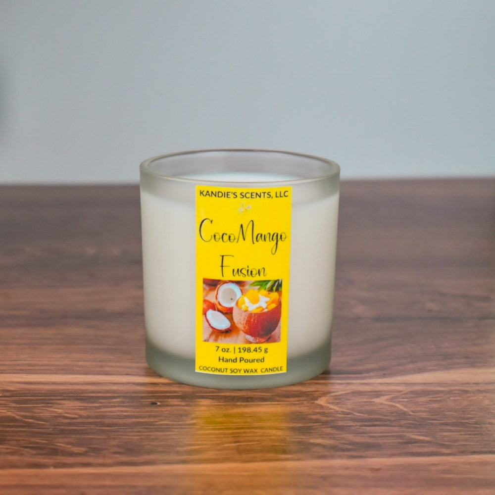 CocoMango Fusion candle in frosted glass jar with wooden wick