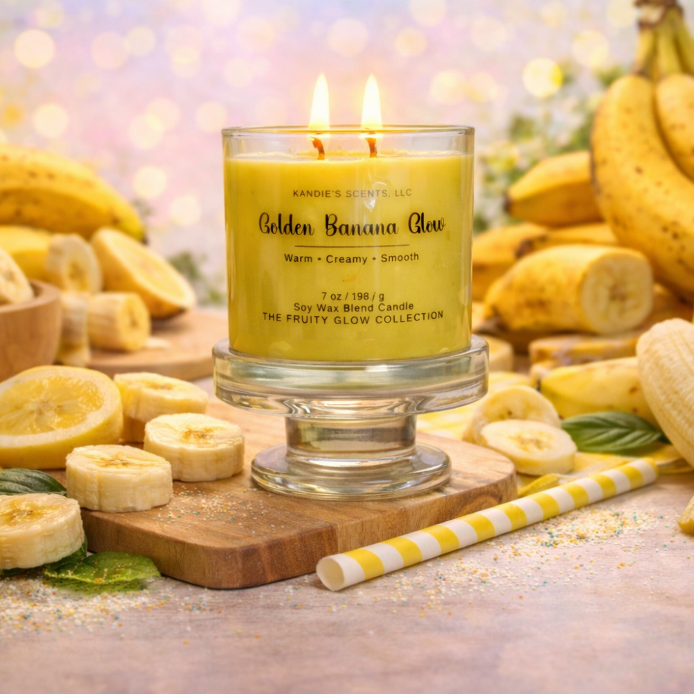Candle labeled 'Golden Banana Glow' surrounded by bananas and lemons on a wooden board.