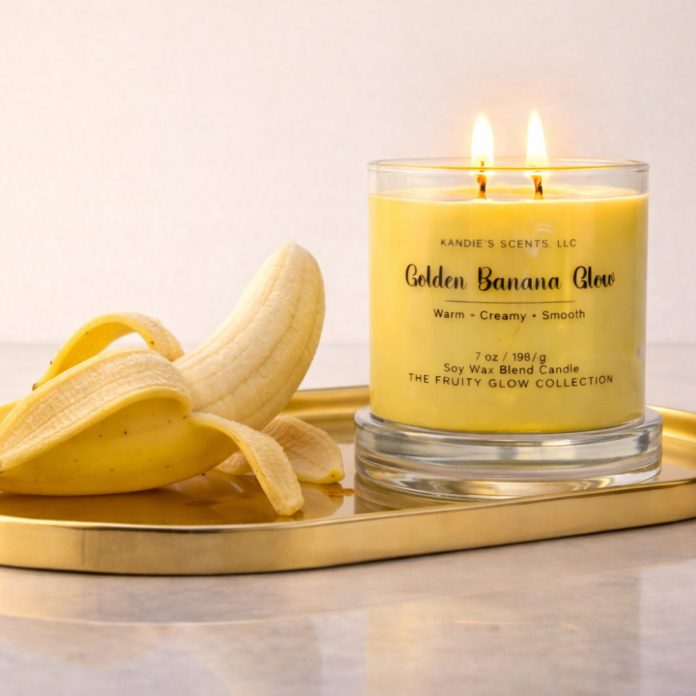 Yellow candle labeled 'Golden Banana Glow' on a gold tray with a peeled banana.