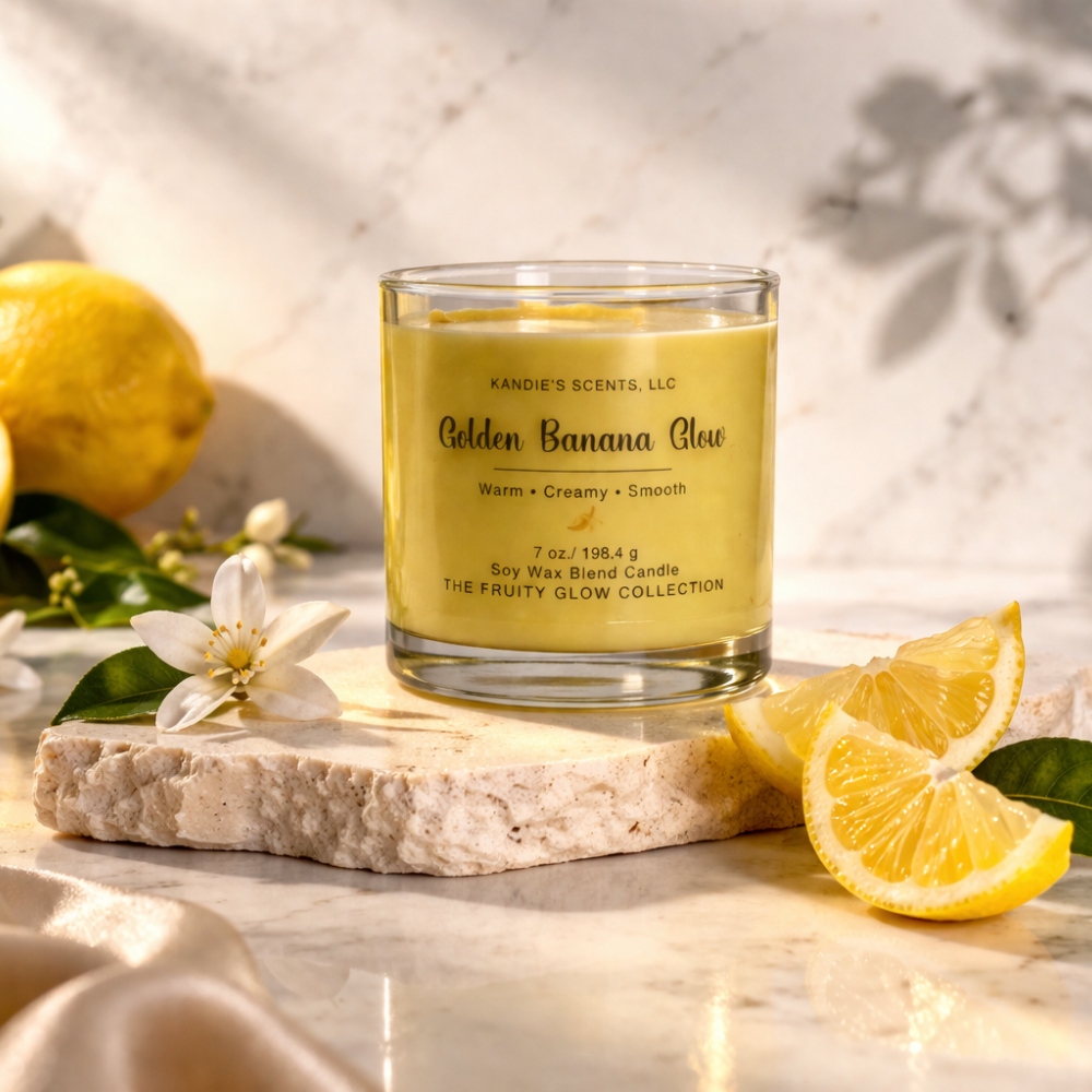 Yellow candle labeled 'Golden Banana Glow' surrounded by lemons and flowers on a light background