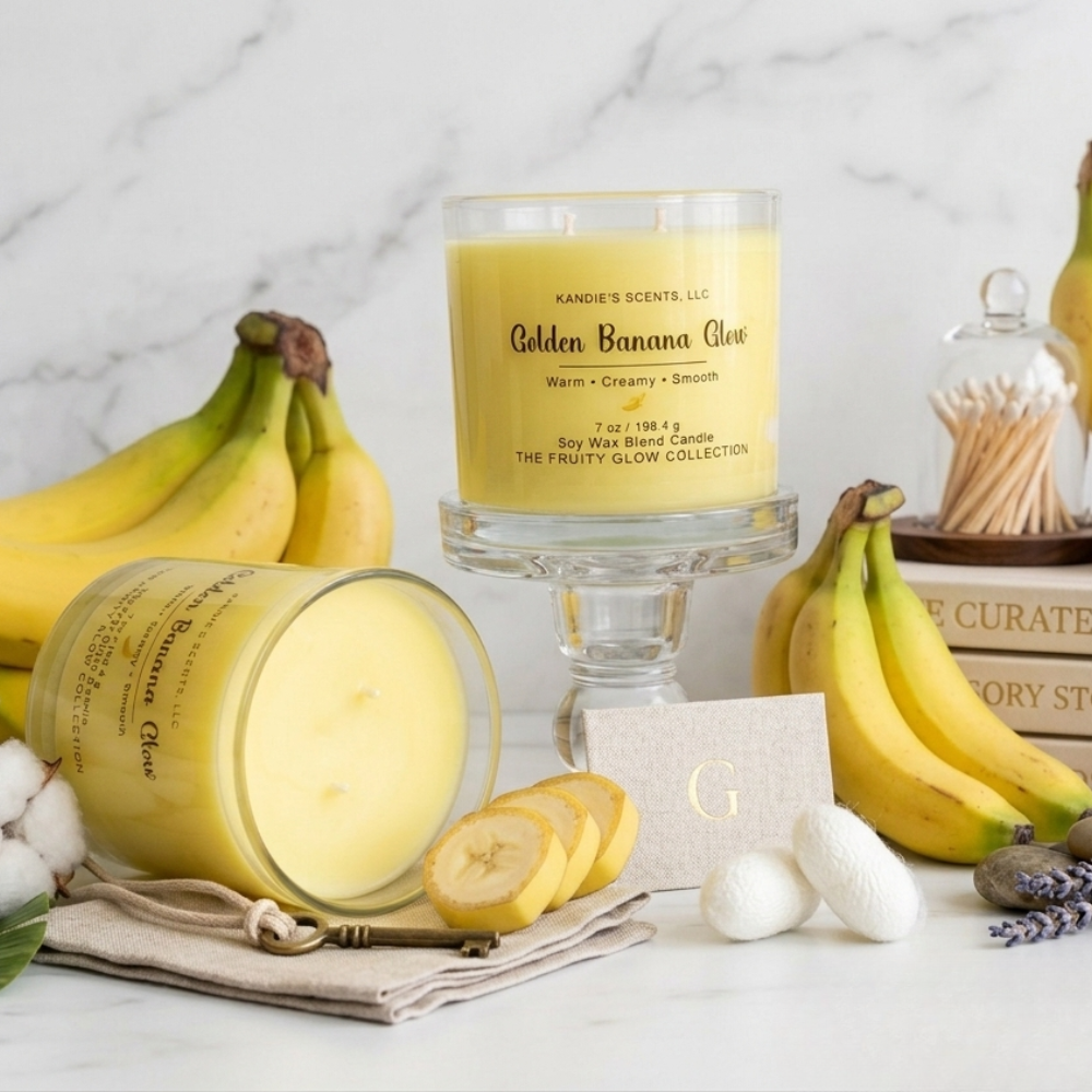 Two candles labeled 'Golden Banana Glow' with bananas and cotton on a marble surface.