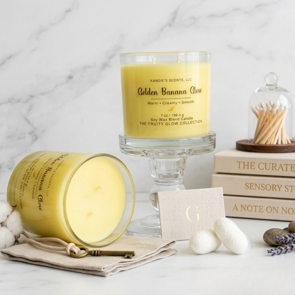 Two yellow candles with visible labels on a marble surface, surrounded by cotton and books.