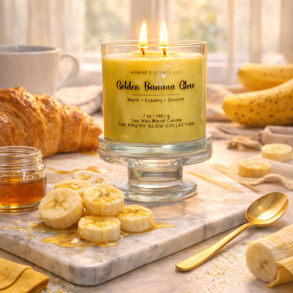Candle labeled 'Golden Banana Glow' on a table with bananas, honey, and a croissant.
