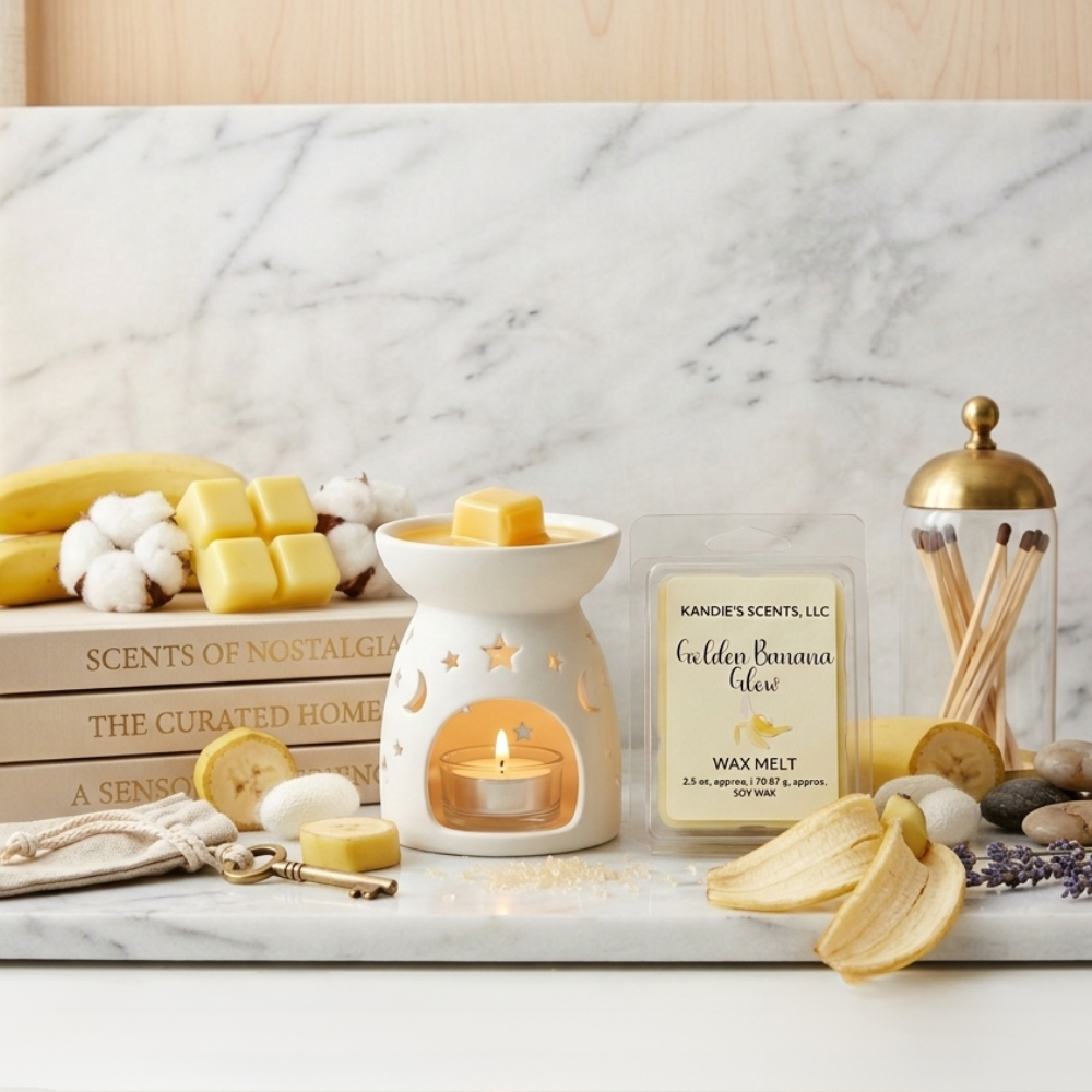 Wax melt warmer with wax melts and packaging on a marble surface