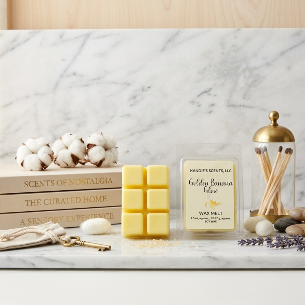 Wax melts with packaging on a marble surface with decorative items.