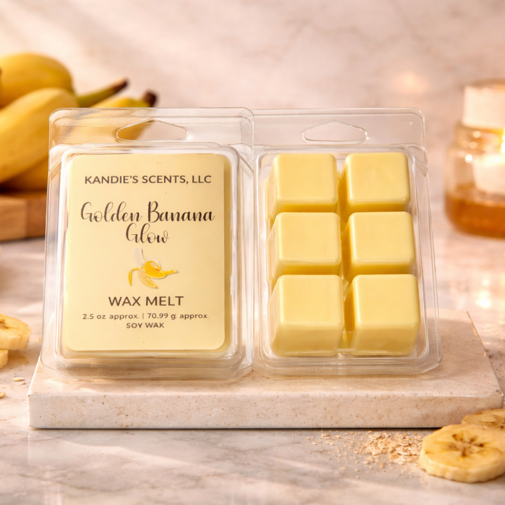 Packaged wax melts with 'Golden Banana Glow' scent on a marble surface.