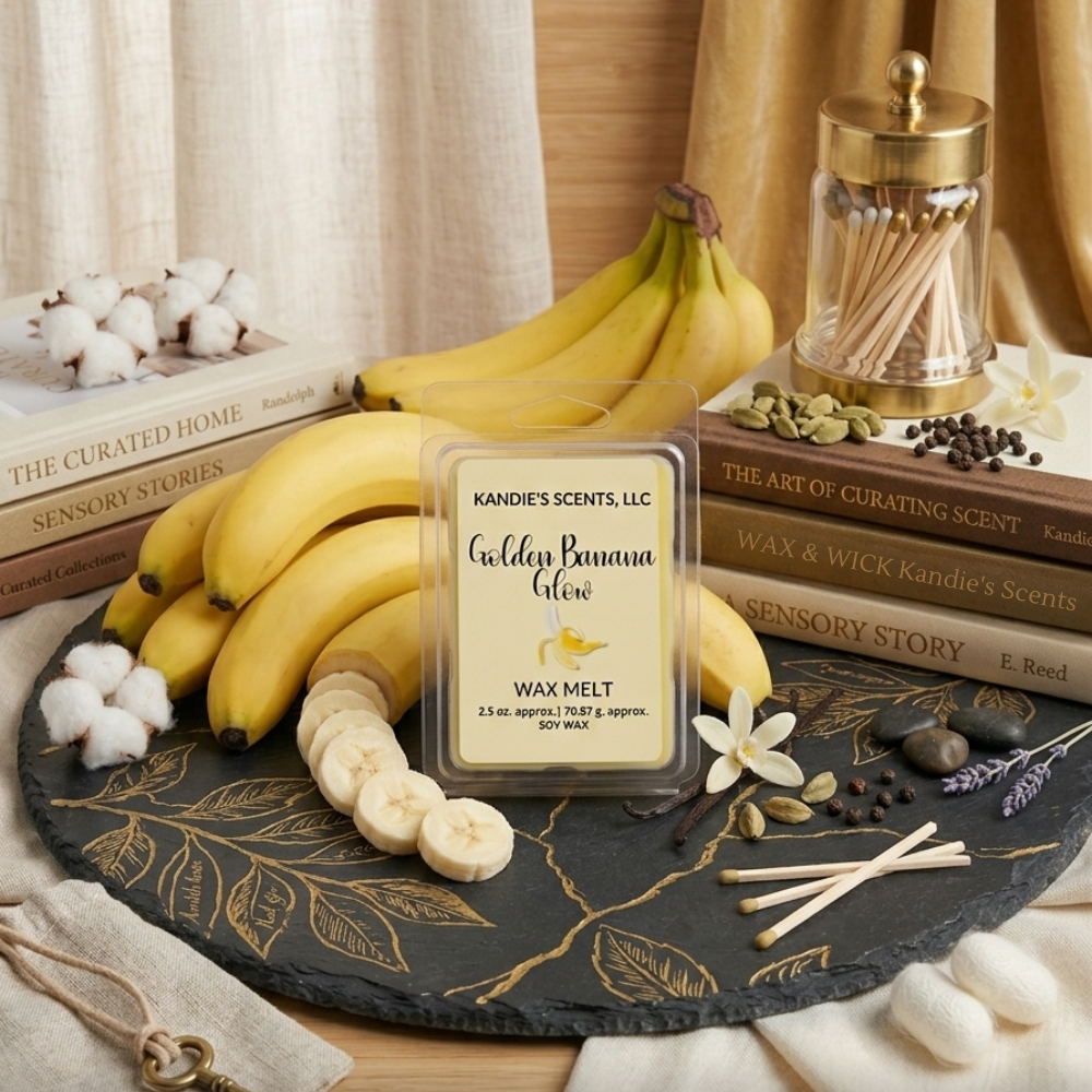 Wax melt packaging with bananas and decorative items on a table