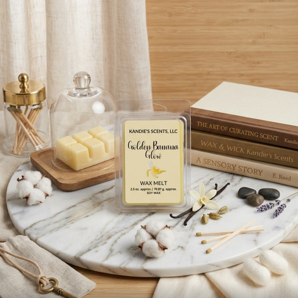 Wax melt container with vanilla beans and cotton on a marble surface
