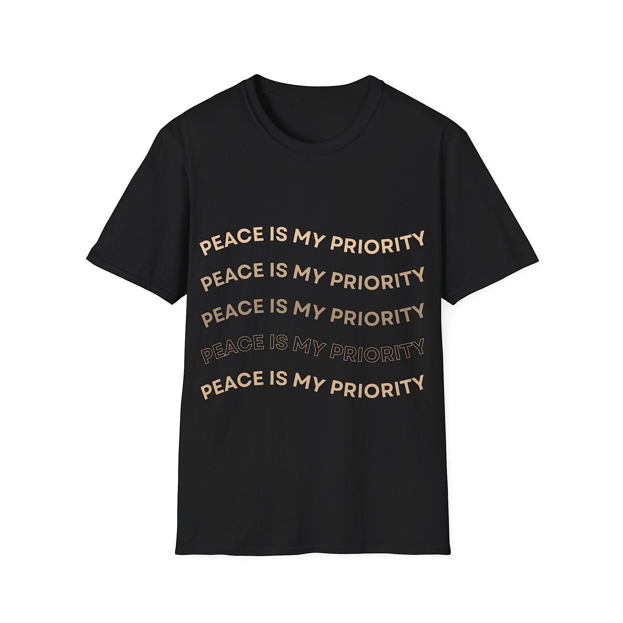 Black t-shirt with 'PEACE IS MY PRIORITY' text on a white background