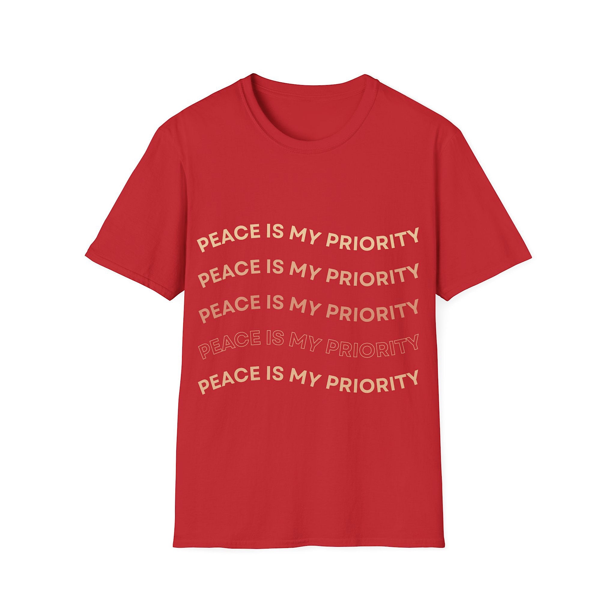 Red t-shirt with 'Peace is my Priority' printed on a white background