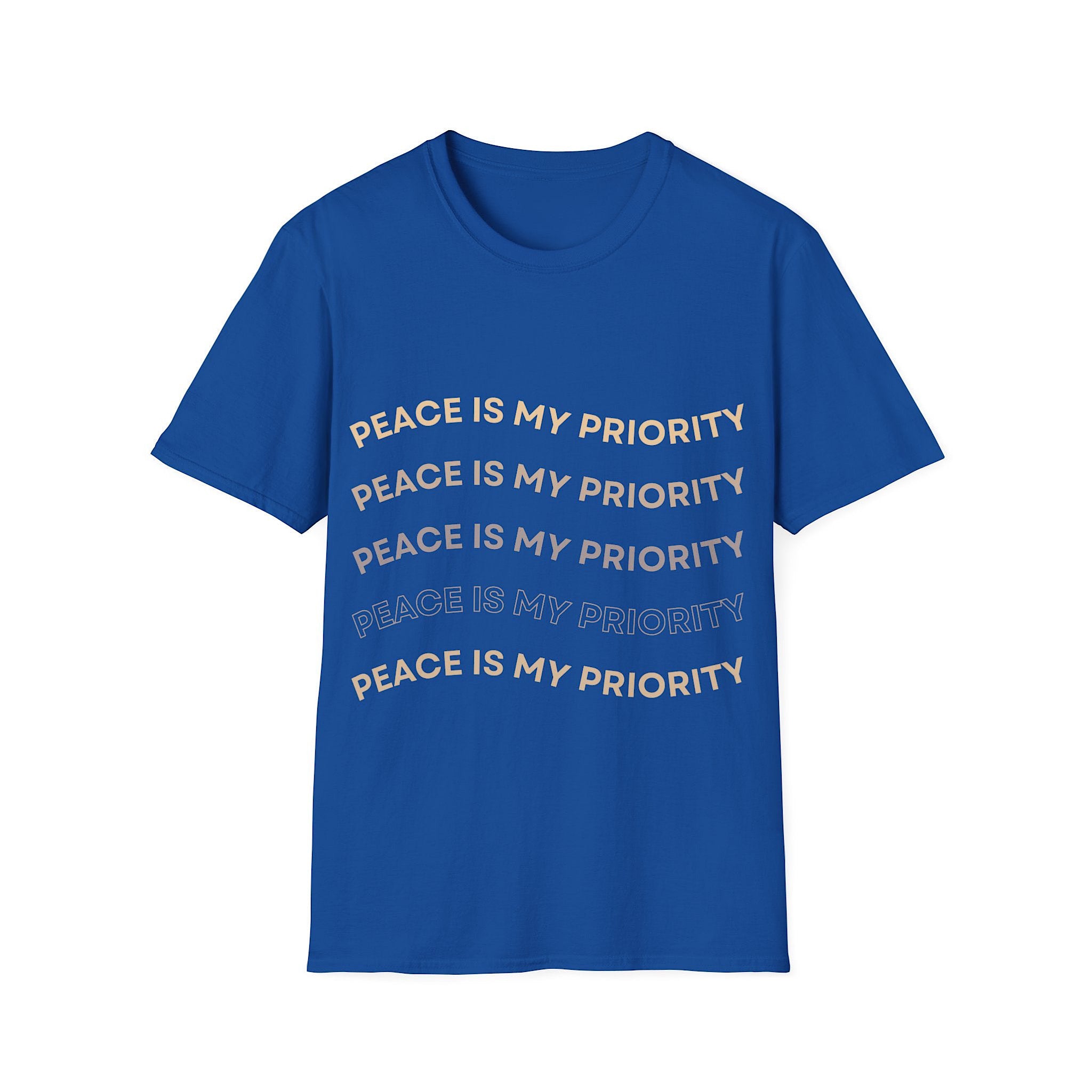 Blue t-shirt with 'Peace is my priority' text on a white background