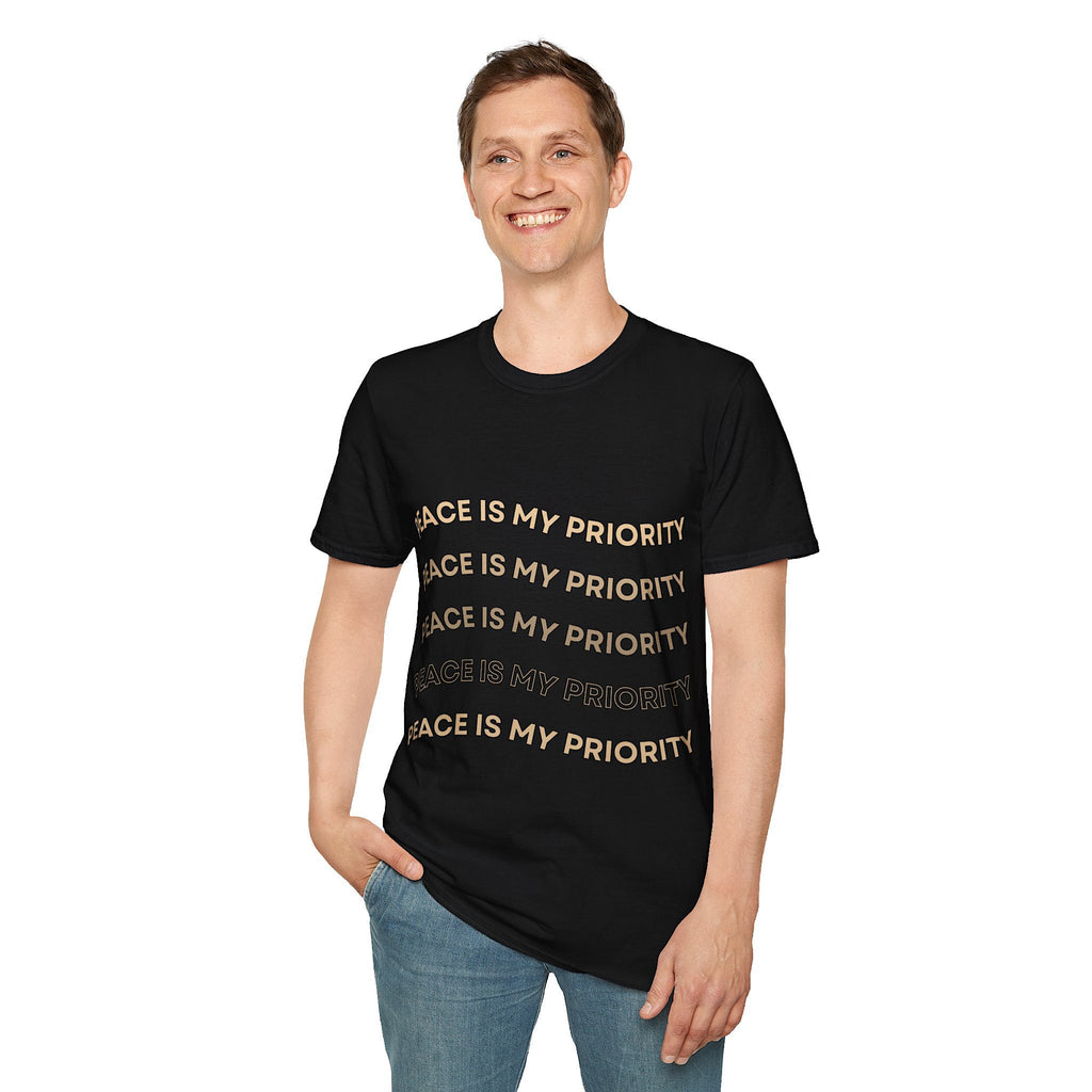 Person wearing a black t-shirt with 'Peace is my Priority' on a white background