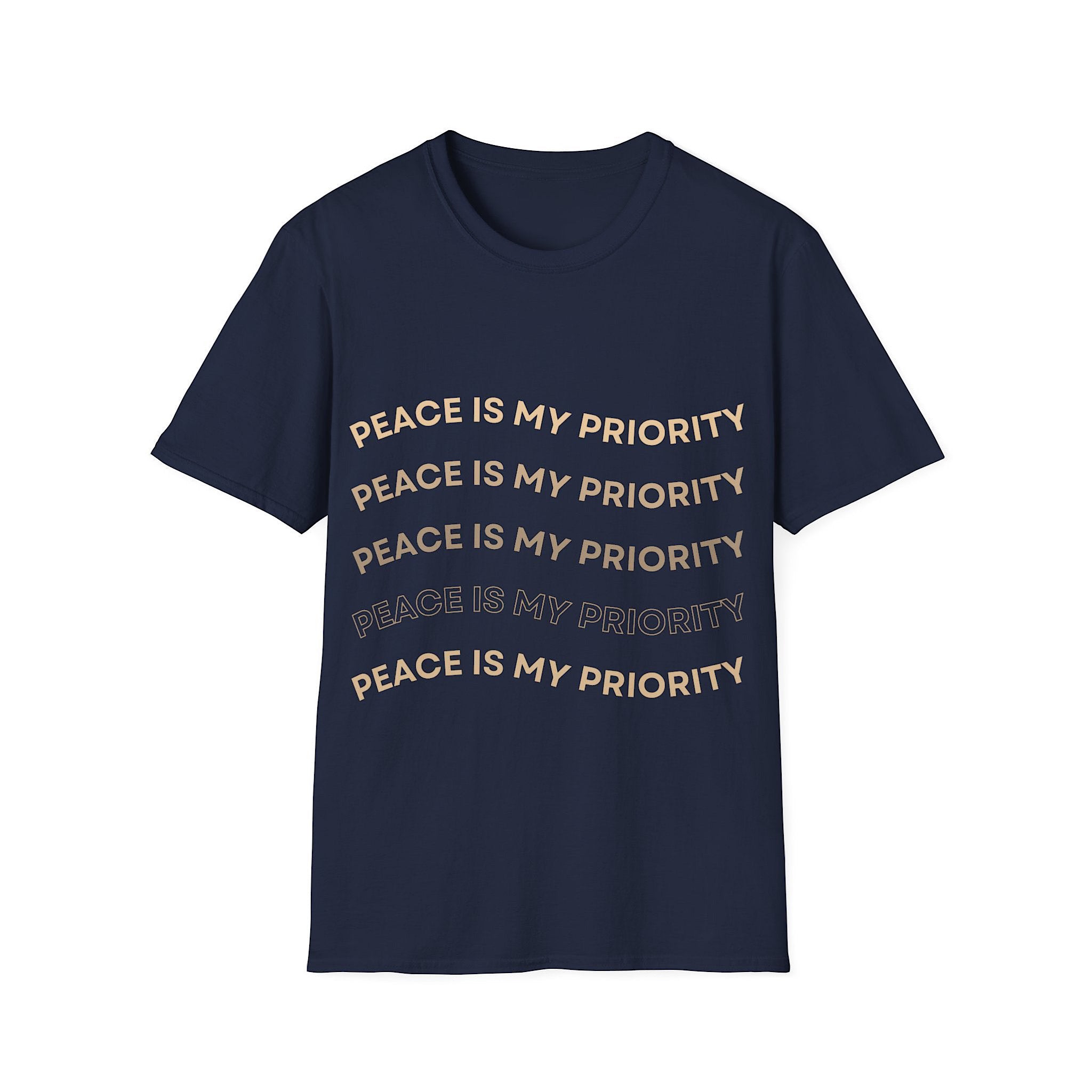 Navy blue t-shirt with 'Peace is my priority' text on a white background
