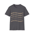 Gray t-shirt with 'Peace is my priority' text on a white background