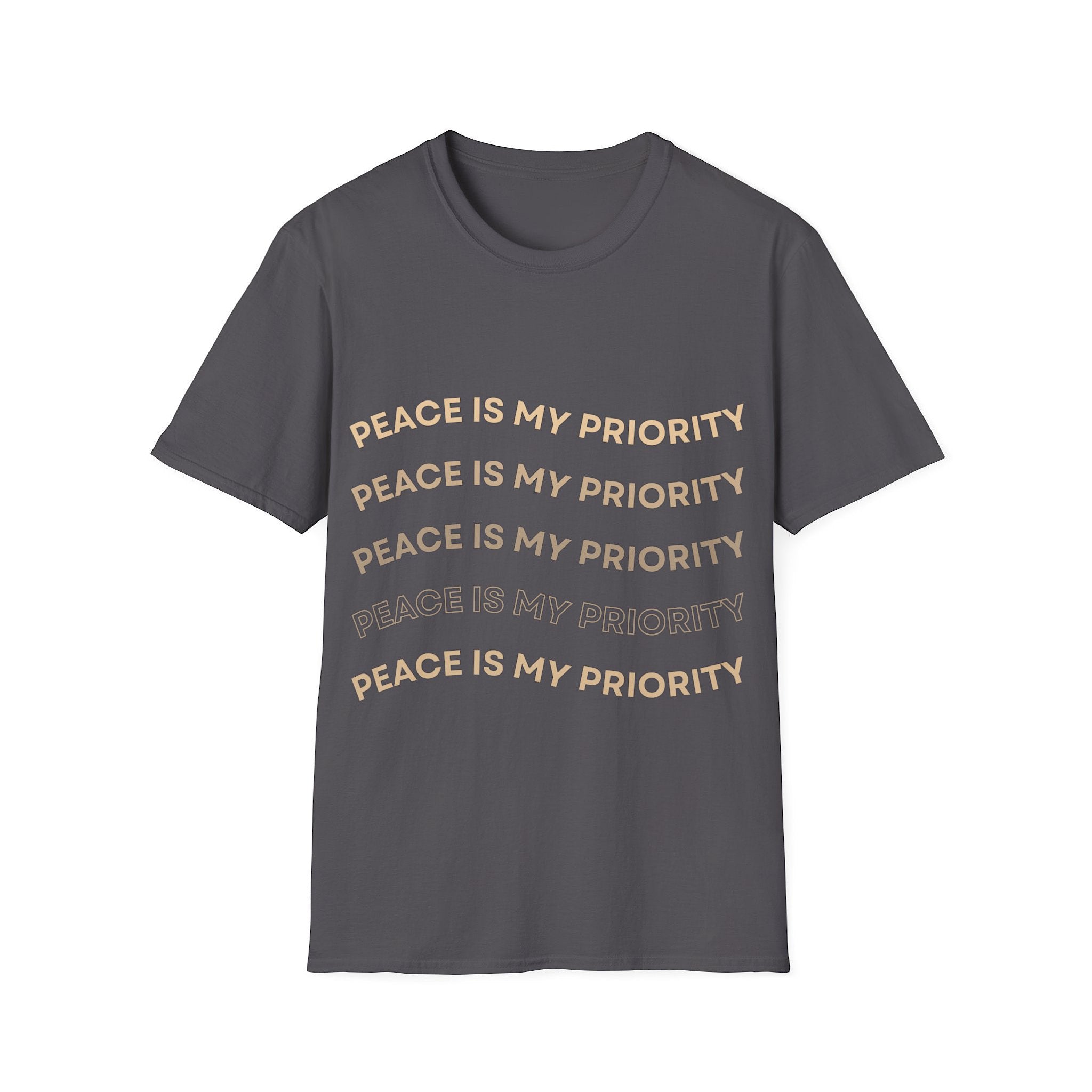 Gray t-shirt with 'Peace is my priority' text on a white background
