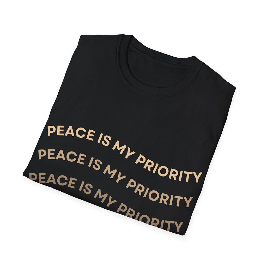 Black t-shirt with 'Peace is my priority' text and heart designs on a white background