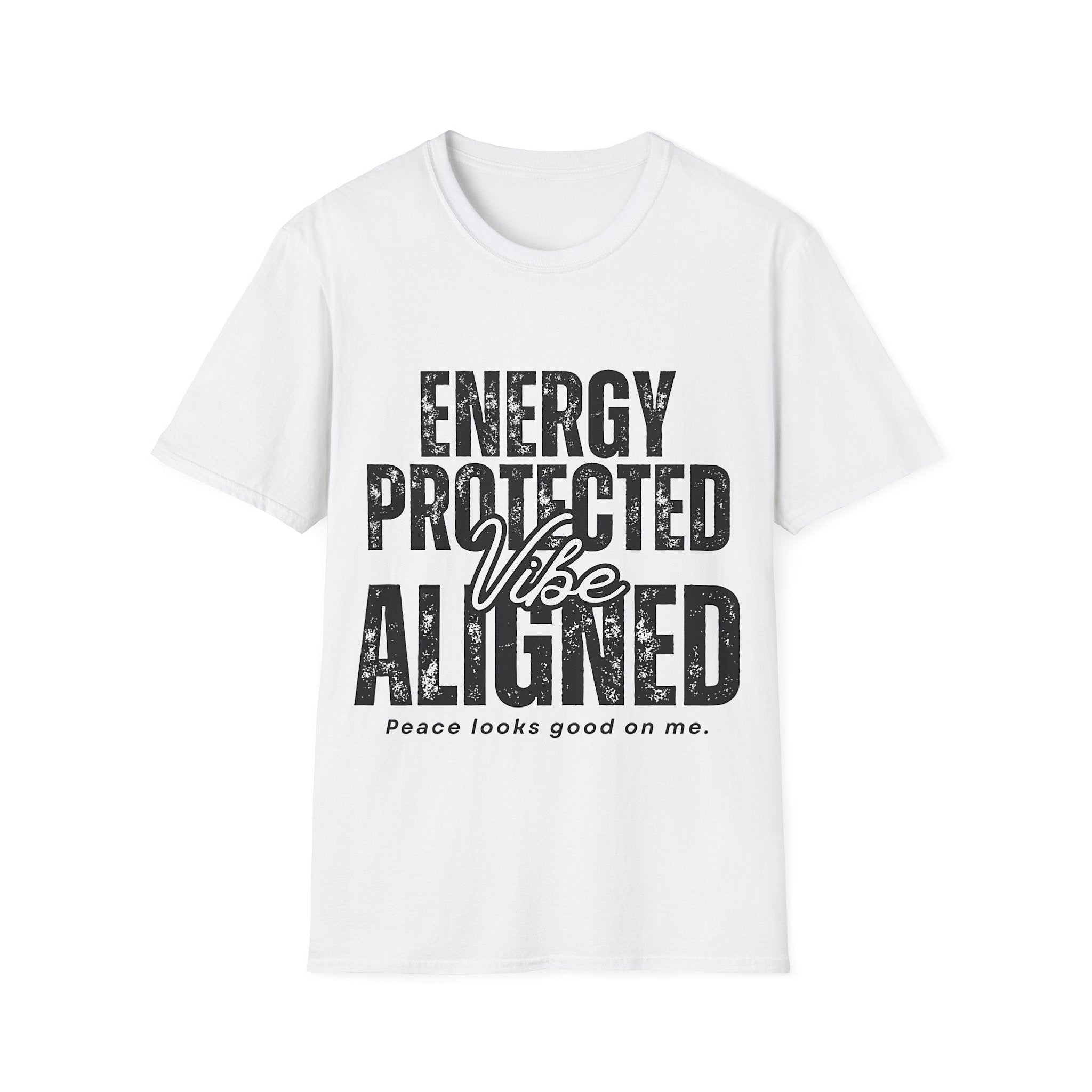 White t-shirt with black 'Energy Protected Vibe Aligned' text on a white background