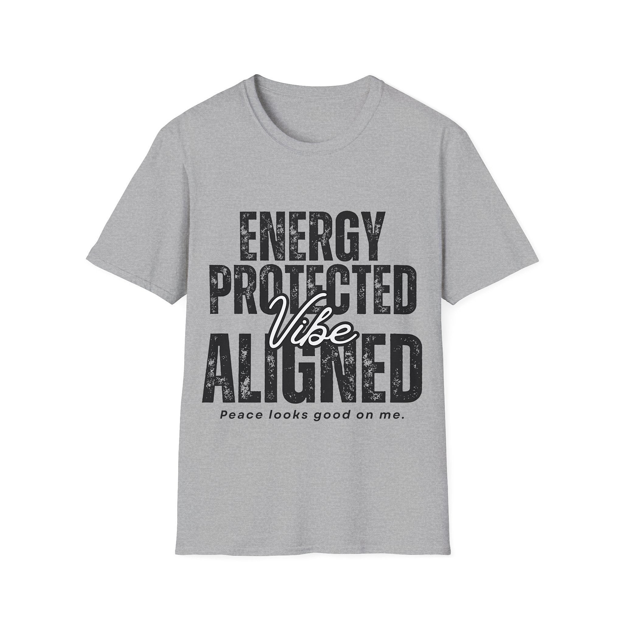 Gray t-shirt with 'Energy Protected Vibe Aligned' text design on a white background
