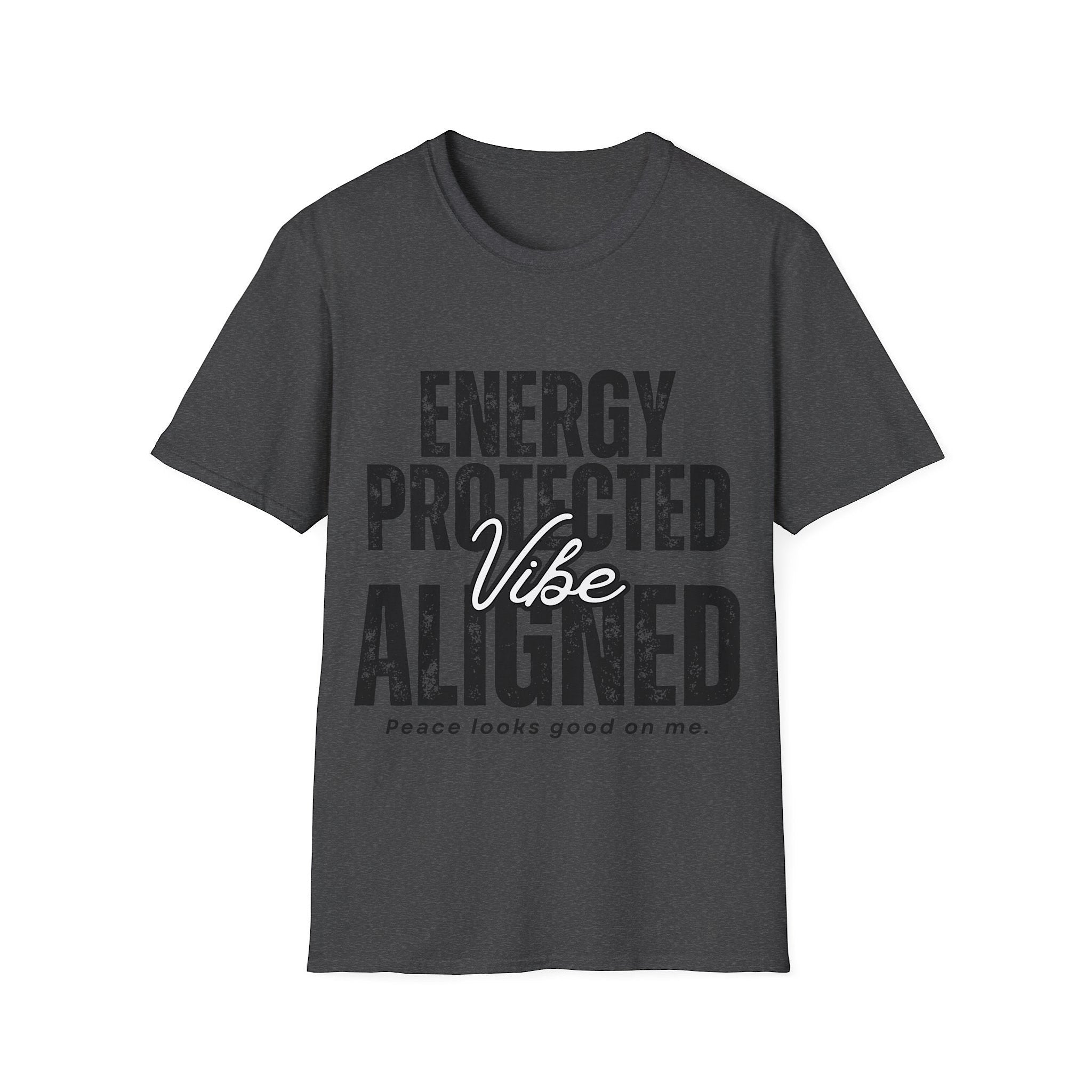 Gray t-shirt with 'Energy Protected Vibe Aligned' t-shirt on a white background