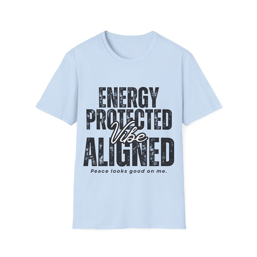 Light blue t-shirt with motivational 'Energy Protected Vibe Aligned' t-shirt design on a white background