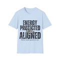 Light blue t-shirt with motivational 'Energy Protected Vibe Aligned' t-shirt design on a white background