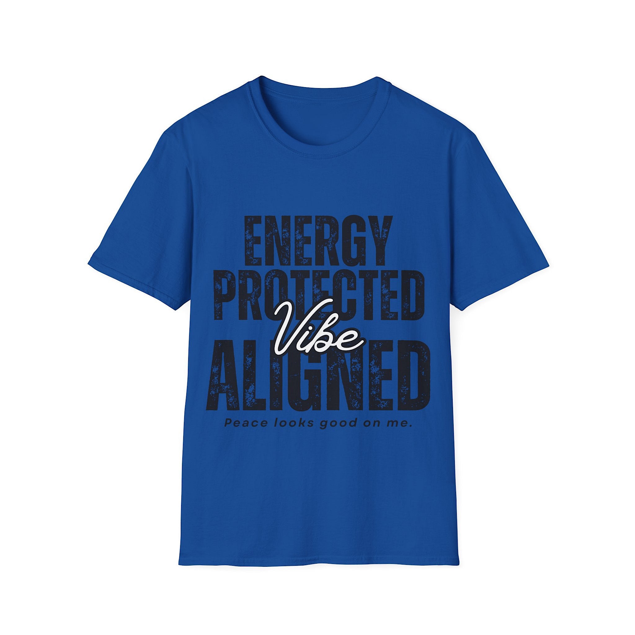 Blue t-shirt with motivational text design on a white background