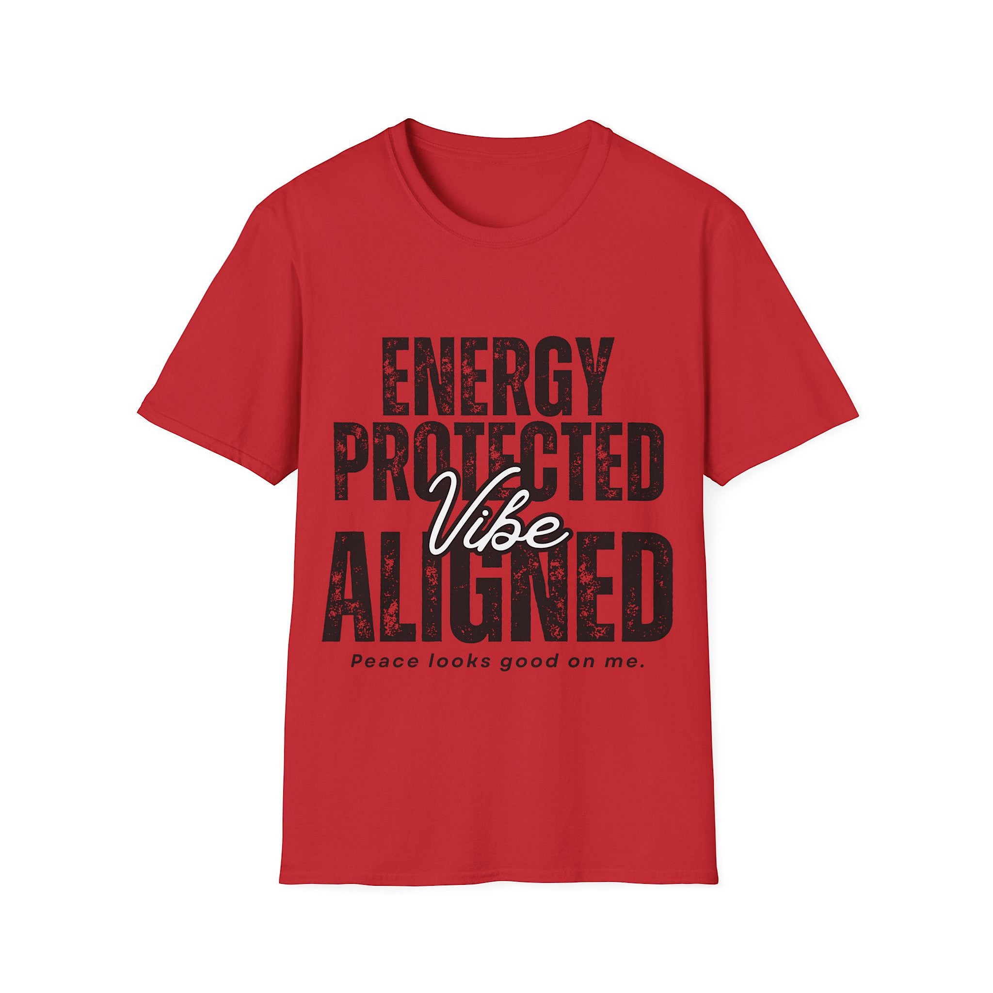 Red t-shirt with black and white 'Energy Protected Vibe Aligned' t-shirt on a white background