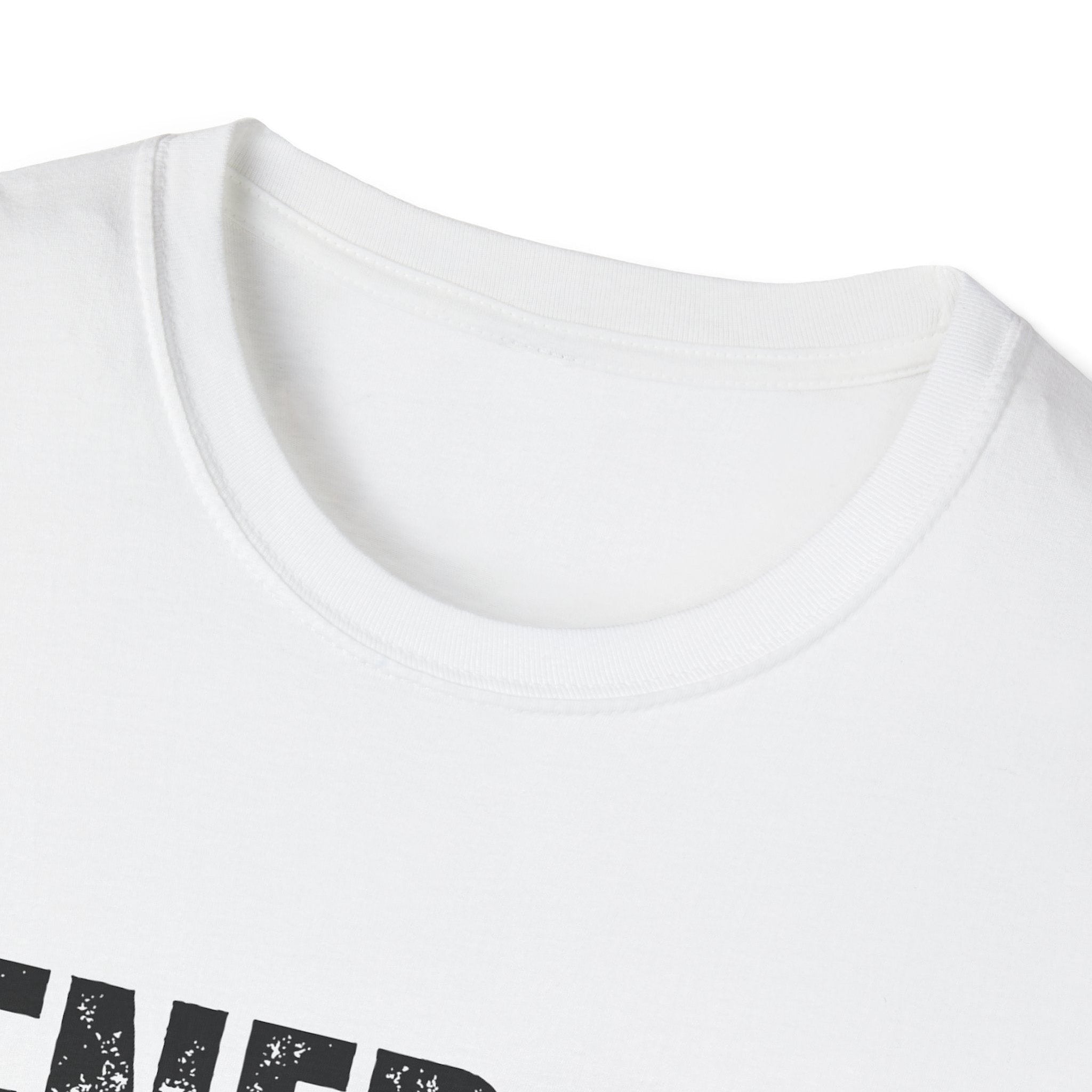 Close-up of a white t-shirt with black text on a white background