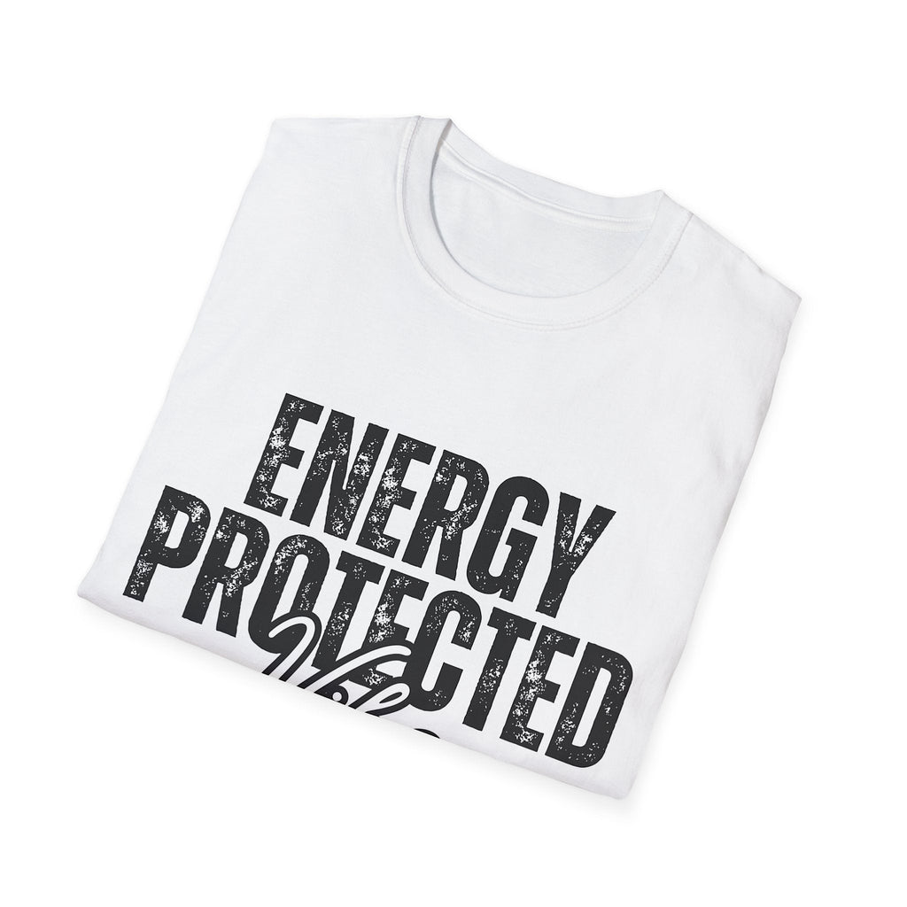 White t-shirt with 'ENERGY PROTECTED' text on a white background