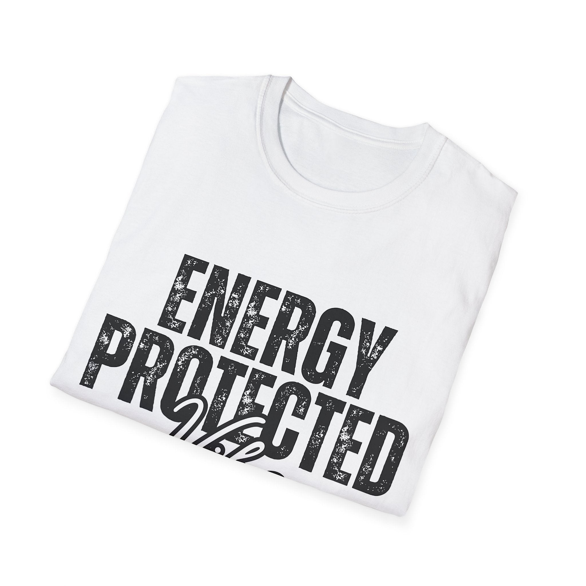 White t-shirt with 'ENERGY PROTECTED' text on a white background