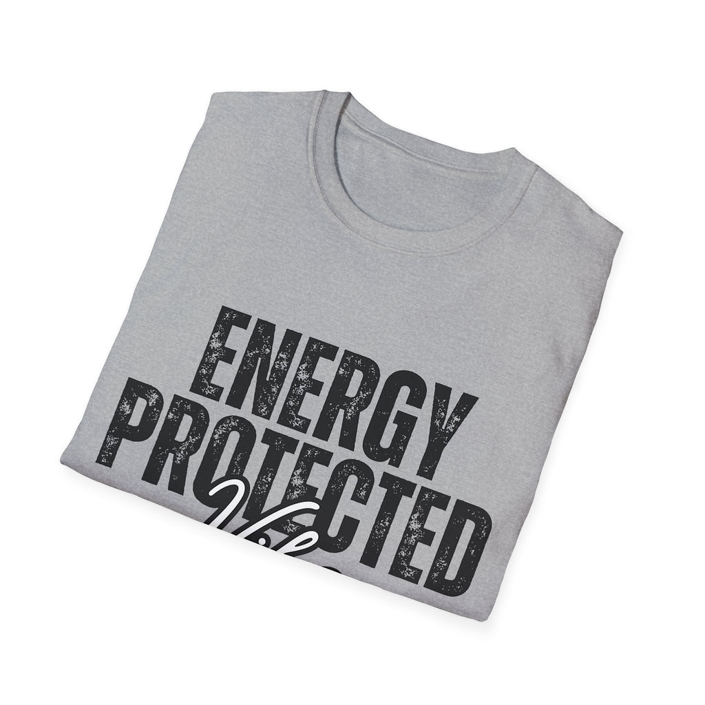 Folded gray t-shirt with 'ENERGY PROTECTED' text on a white background