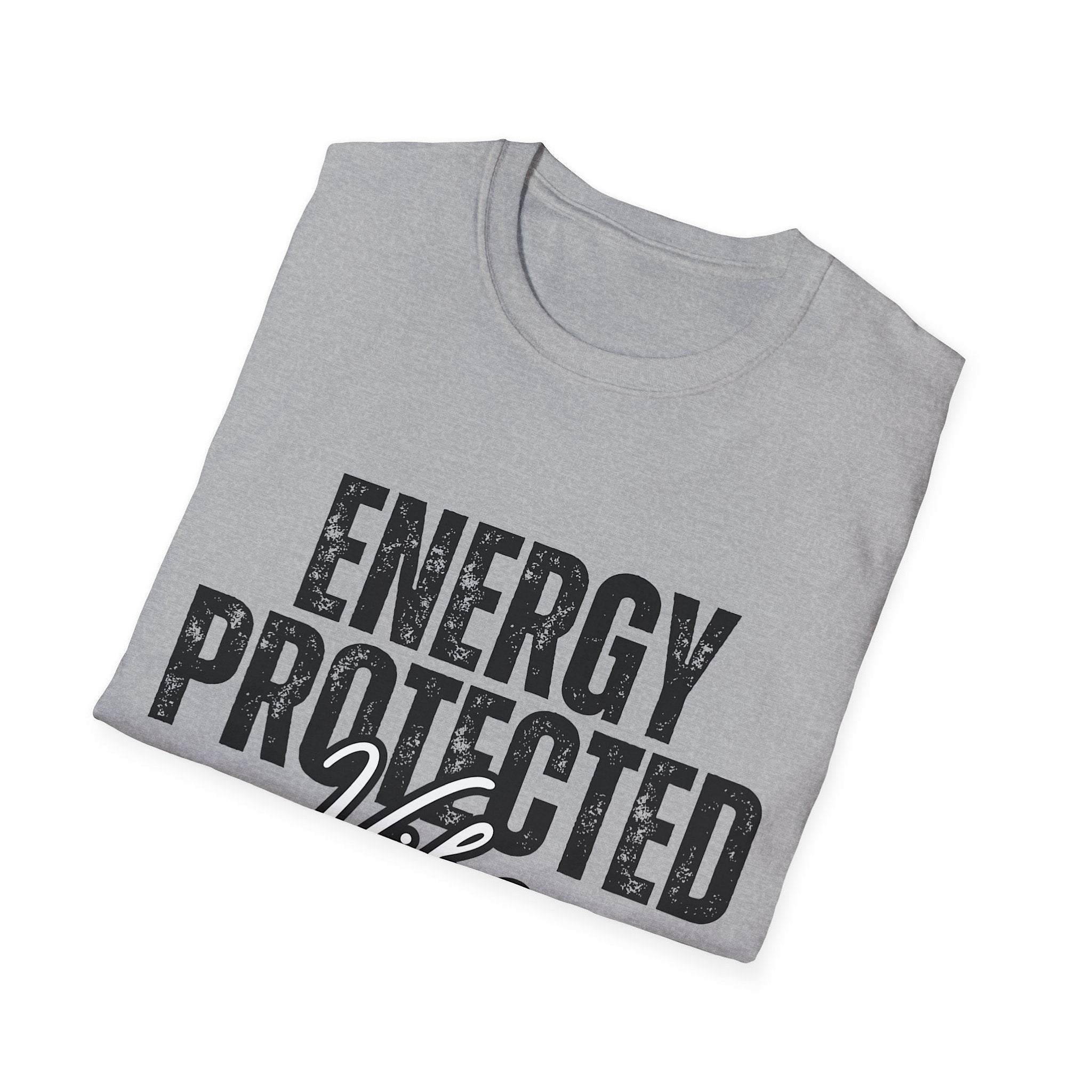 Folded gray t-shirt with 'ENERGY PROTECTED' text on a white background