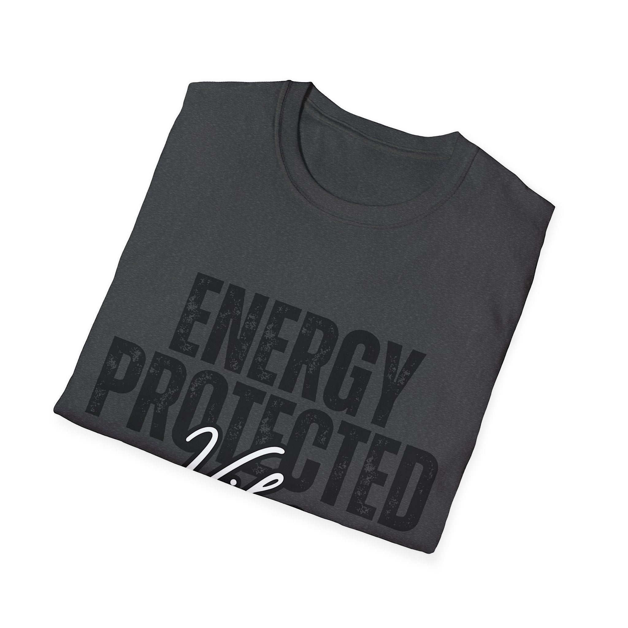 Folded black t-shirt with 'ENERGY PROTECTED' text on a white background