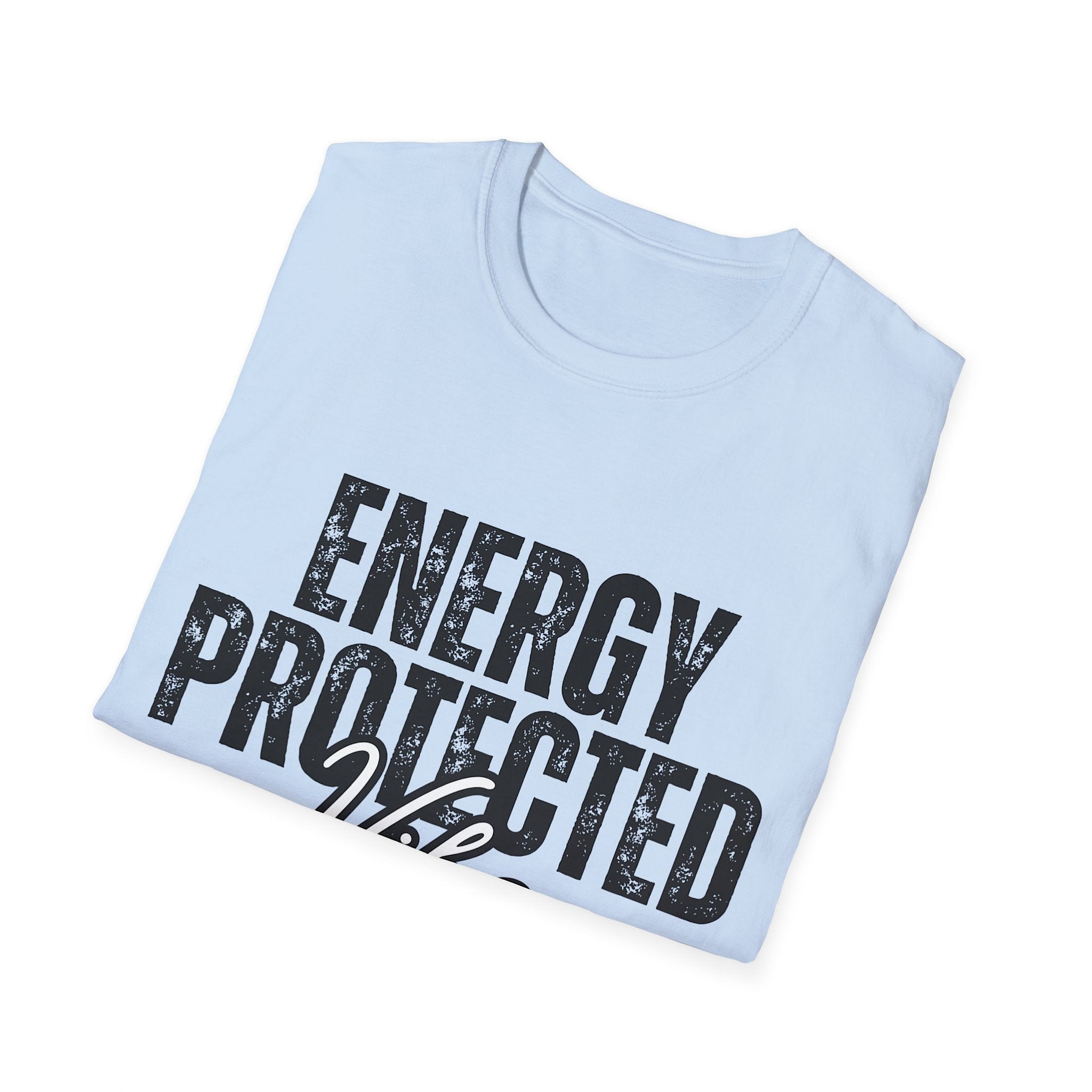 Light blue t-shirt with 'ENERGY PROTECTED' text on a white background
