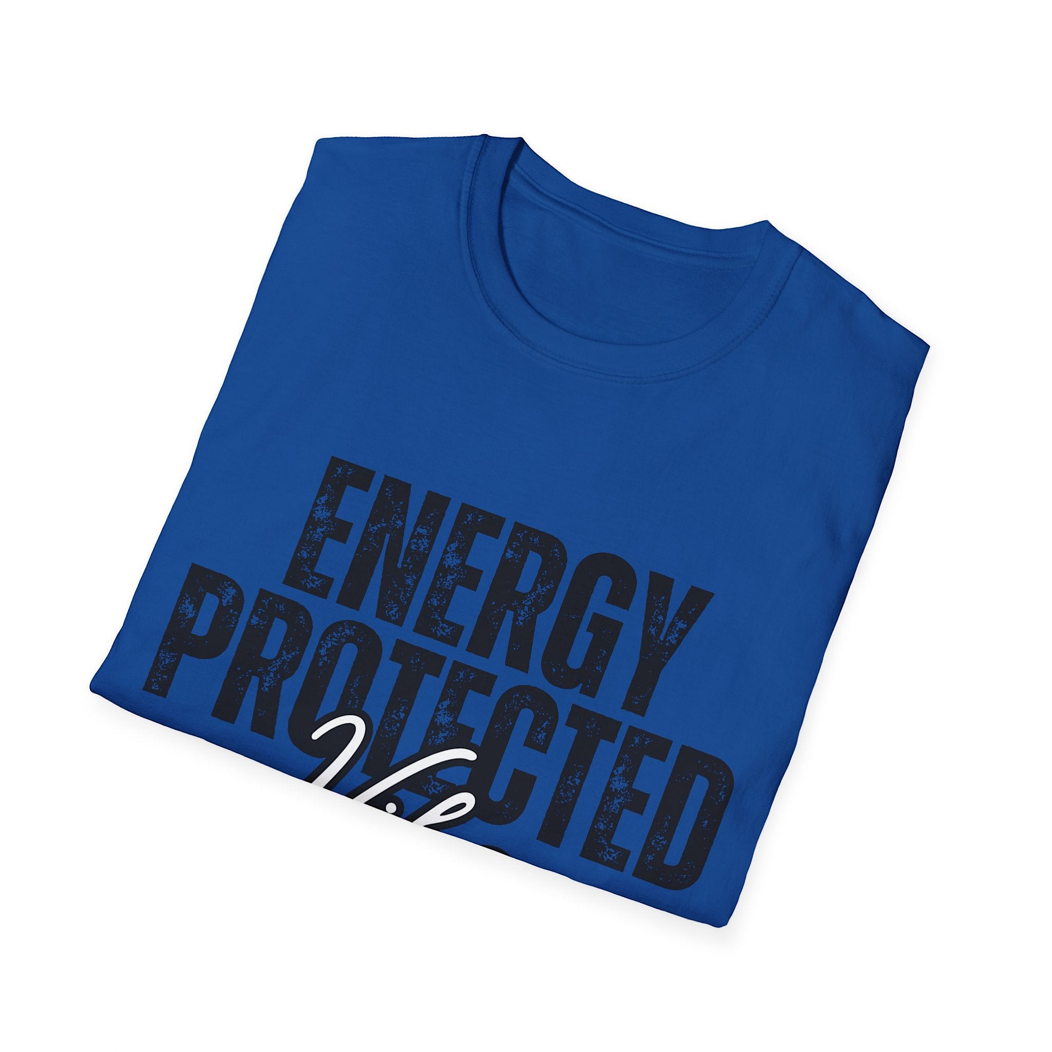 Folded blue t-shirt with 'ENERGY PROTECTED' text on a white background