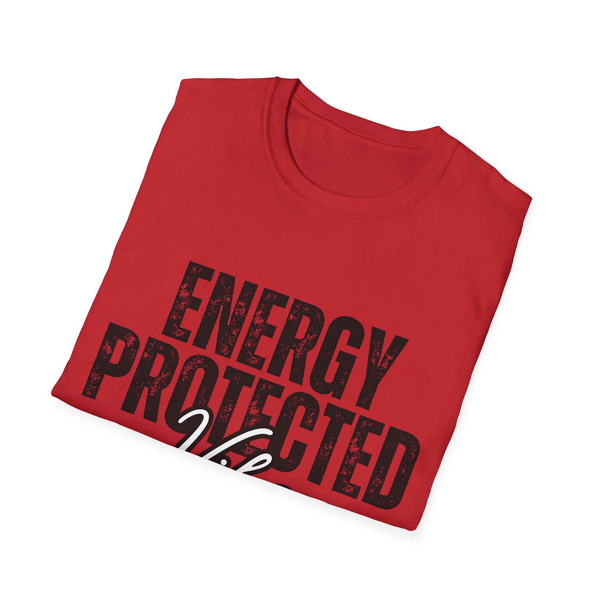Folded red t-shirt with 'ENERGY PROTECTED' text on a white background